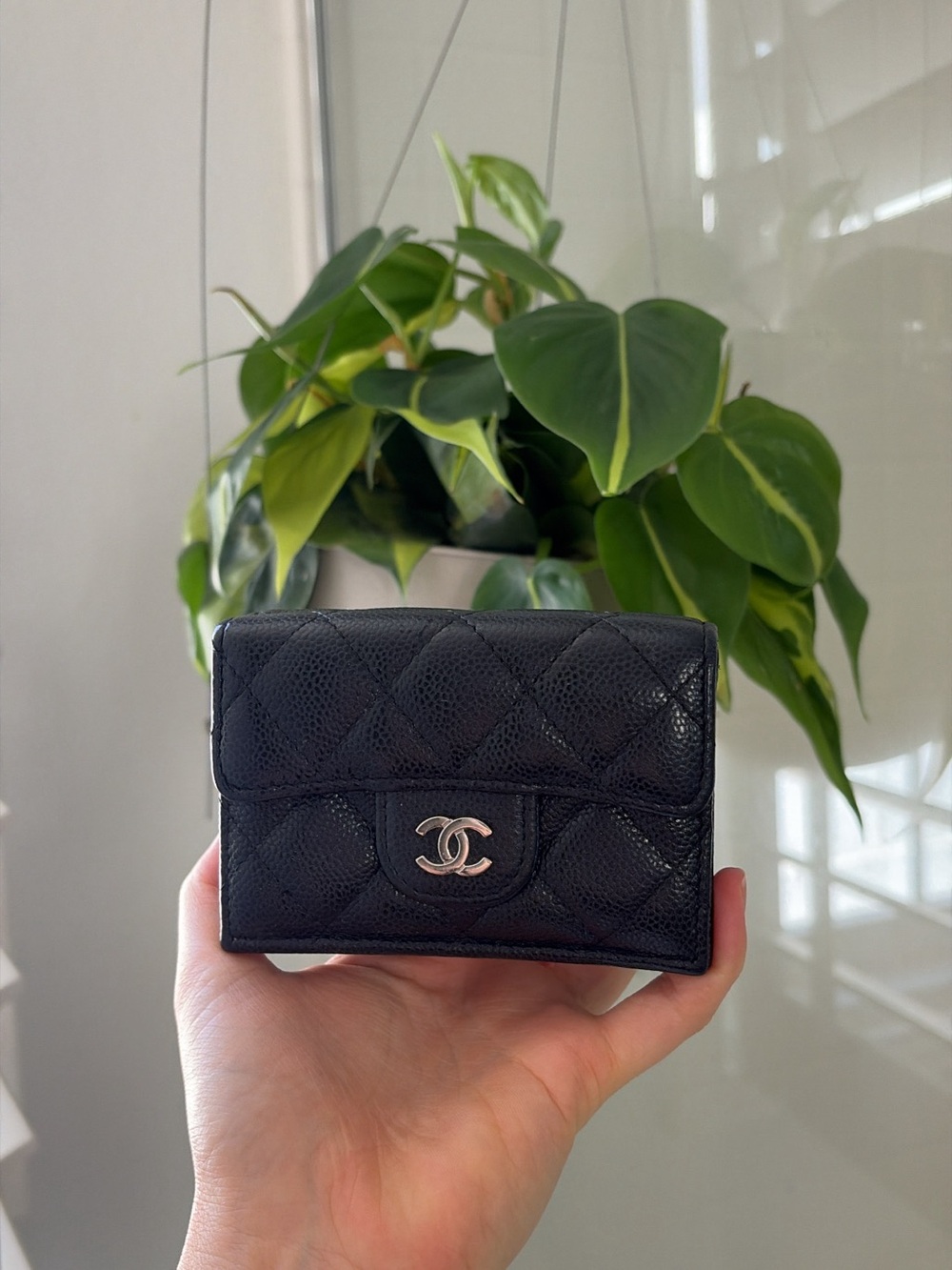 CHANEL Black Quilted Mini Wallet with Silver CC Hardware